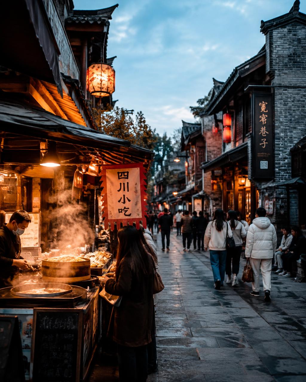 Steaming Sichuan street-food stall on Kuanzhai Alley, Chengdu, at dusk