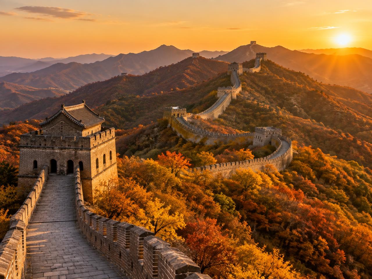 The Mutianyu Great Wall winding over autumn hills at sunset